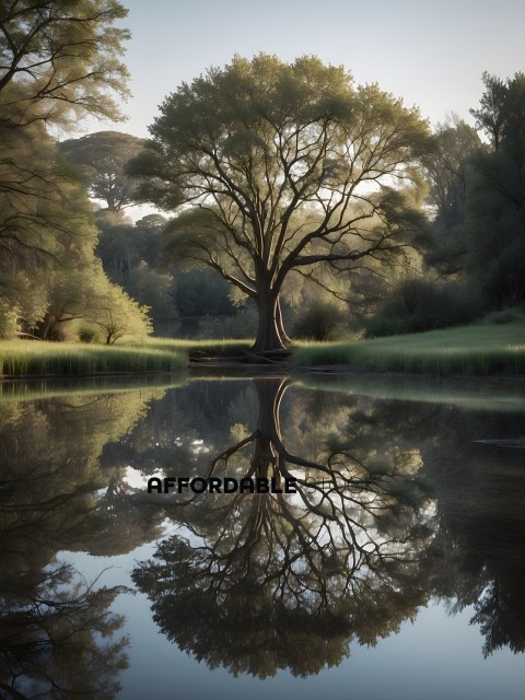 A reflection of a large tree in a body of water