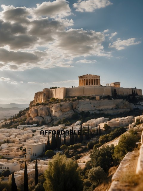 Ancient Greek Temple with Clouds in the Background