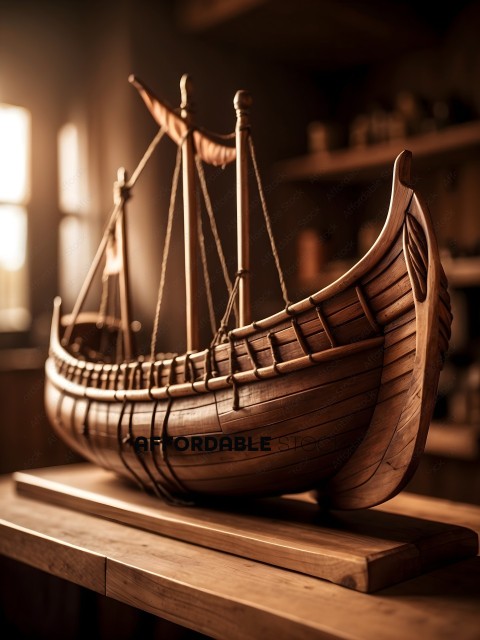 A wooden boat with ropes and sails