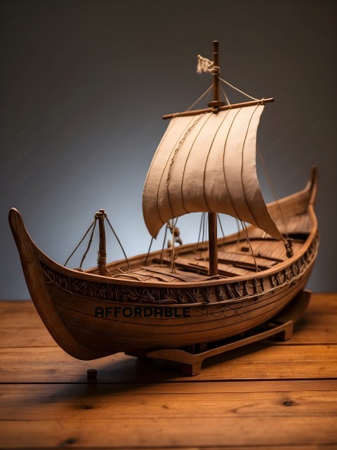 A wooden model of a sailboat with a white sail