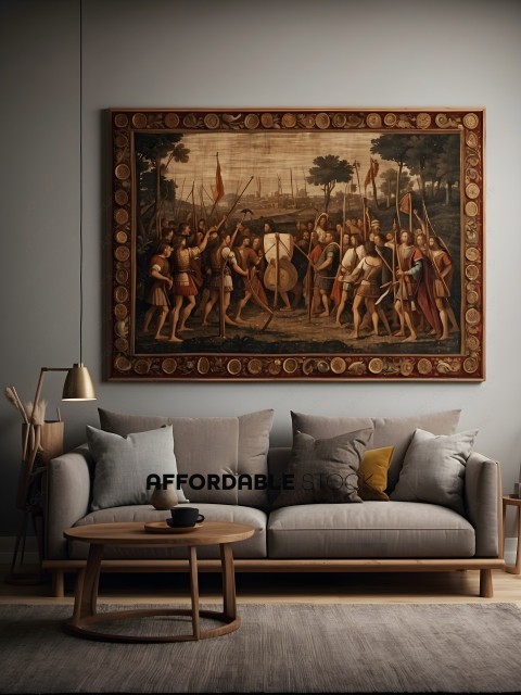 A large painting of a group of people in a room