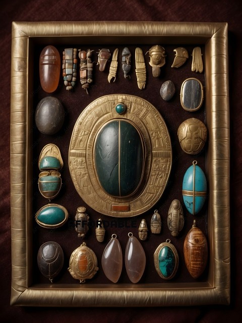 Ancient Egyptian Jewelry and Artifacts in a Gilded Frame