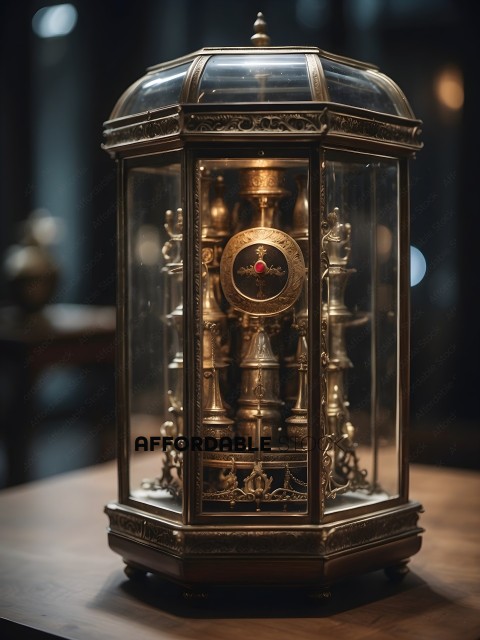 A gold clock with a glass front