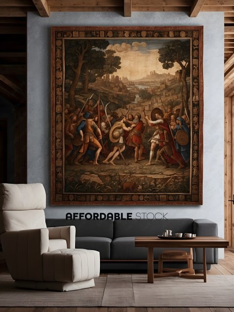 A large painting of a battle scene hangs above a couch