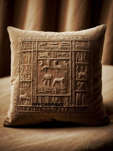 A tan pillow with a design of people and animals