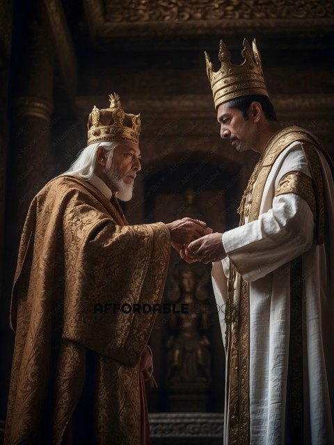 Two men wearing crowns and robes shake hands