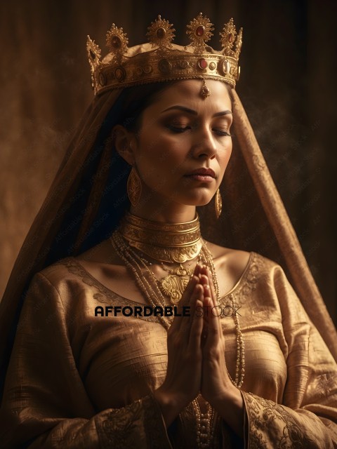 A woman wearing a gold crown and gold jewelry prays
