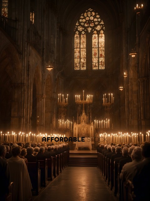 A group of people in a church with candles lit