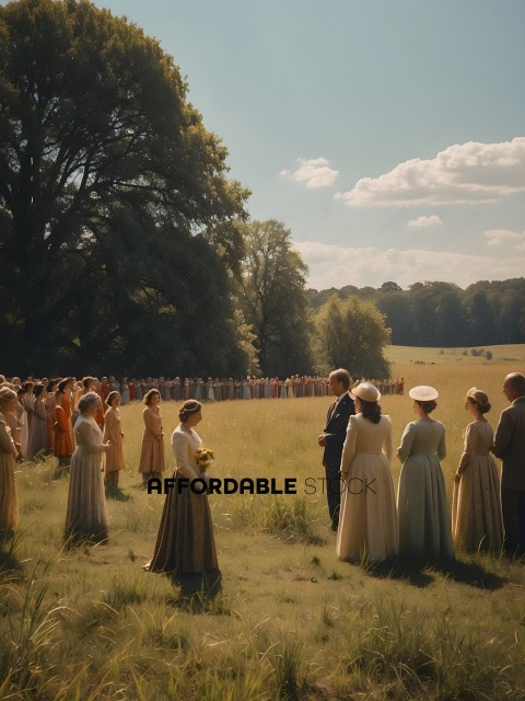 A group of people in formal attire are standing in a field
