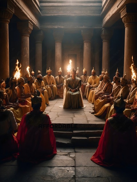 A group of people wearing yellow and gold robes are sitting in front of a man in a gold robe