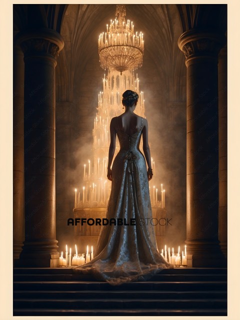 A Bride in a White Dress Stands in Front of a Chandelier