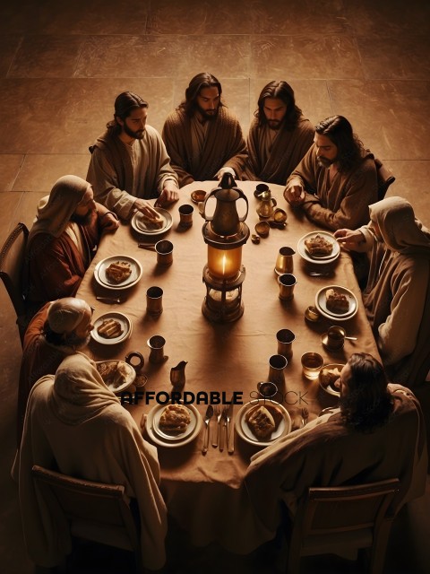 Jesus and his disciples are sitting around a table