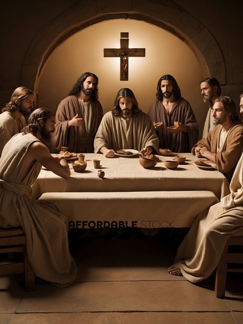 Jesus and his disciples are sitting at a table