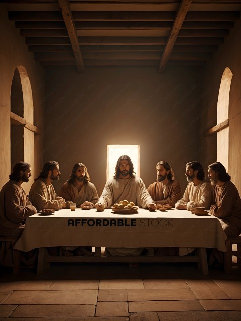 Jesus and his twelve apostles are seated around a table