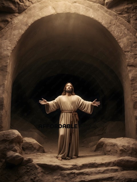 A man in a brown robe stands in a dark tunnel
