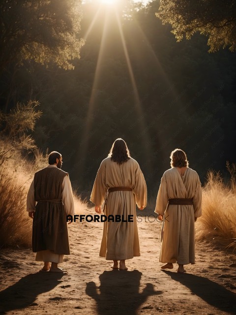 Three men in robes standing in the desert