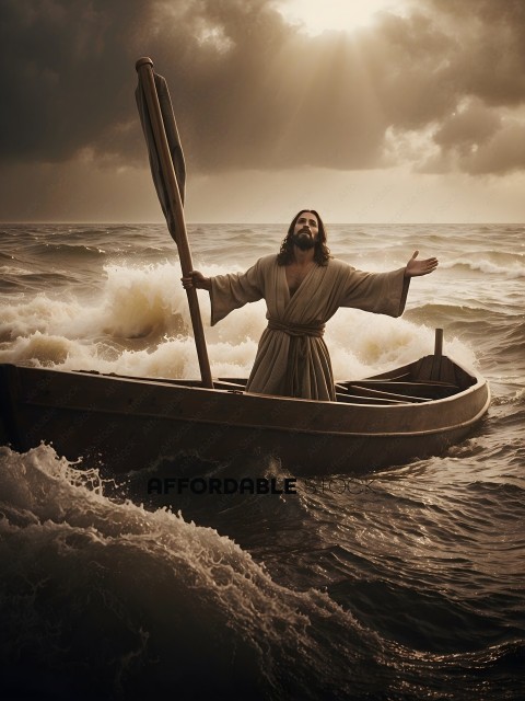Jesus in a boat in the middle of a storm