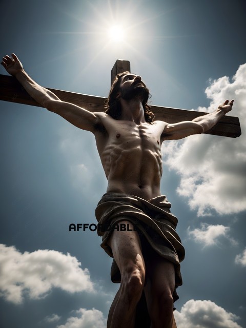 A man with no shirt on is standing on a cross
