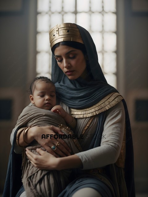 A woman in a gold crown holds a baby