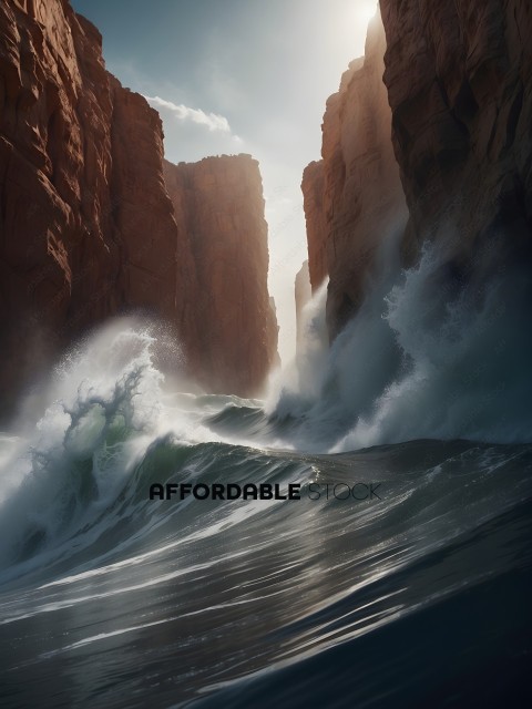 A large wave crashing into a rocky cliff