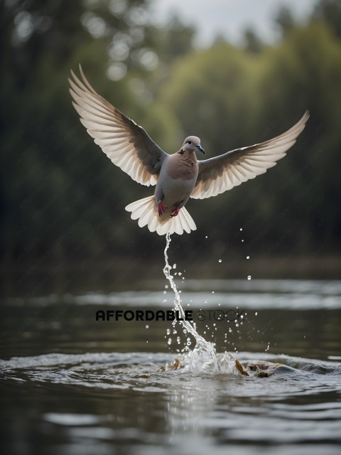 A bird flying over a body of water with water droplets