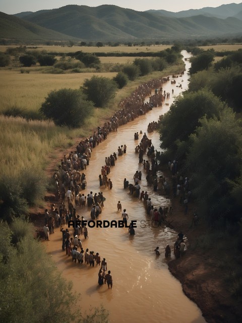 A large group of people are crossing a river