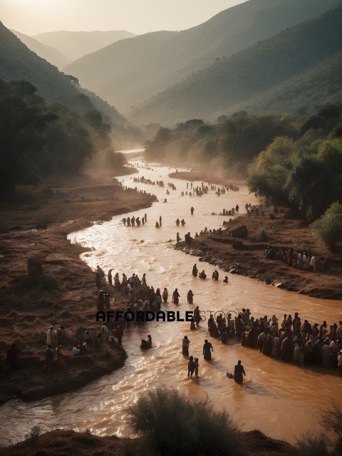 A group of people are standing in a river