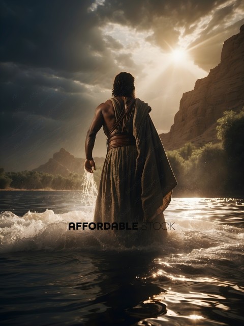 A man in a long robe walks through a river