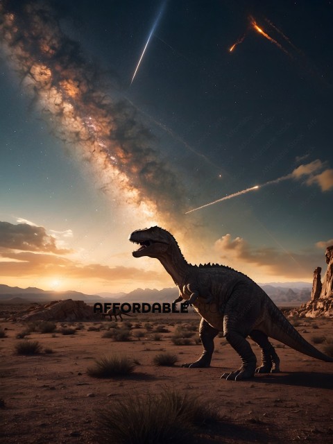 A dinosaur standing in the desert with a shooting star in the background