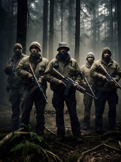 A group of men with guns in the woods
