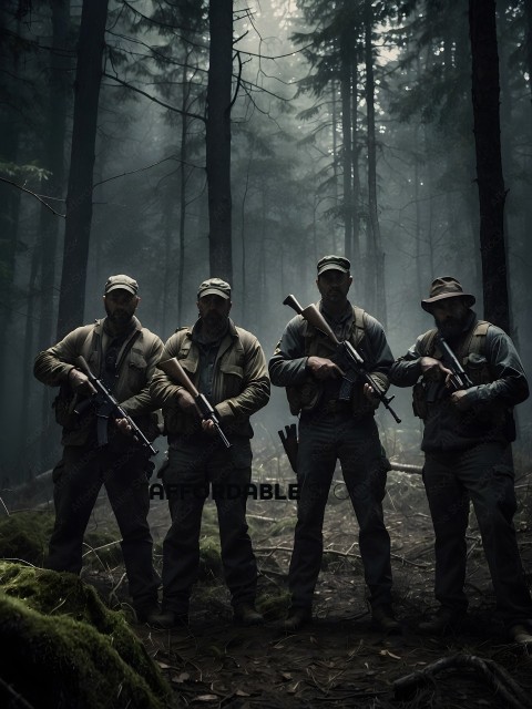 Four men in military uniforms stand in a forest
