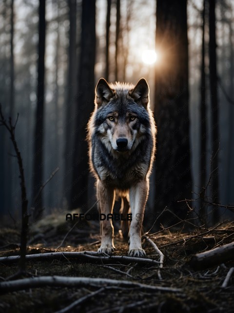 A Wolf Stands in the Forest, Staring at the Camera