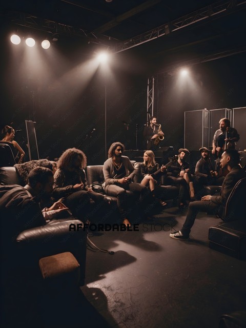 A group of people sitting on a couch in a dark room