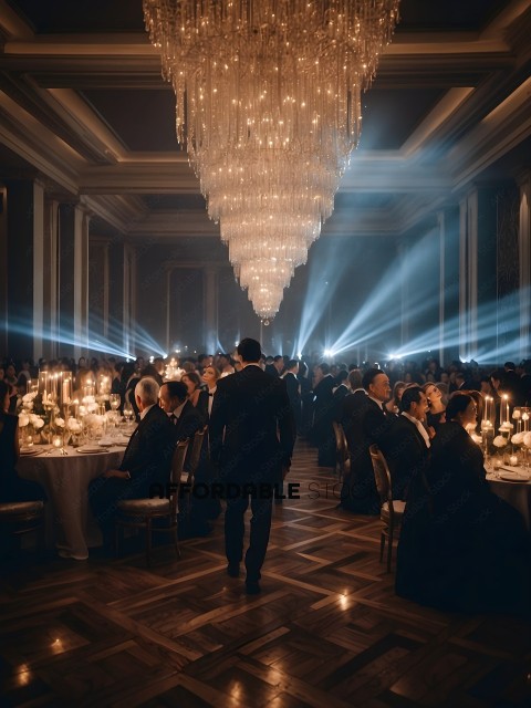 A man in a suit walks through a room with a chandelier