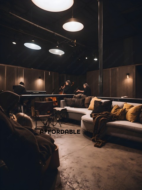 A band playing in a studio with a couch and chairs