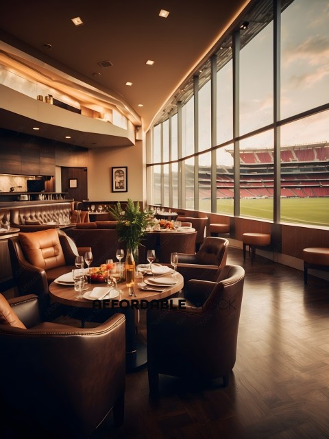 A restaurant with a view of a soccer stadium