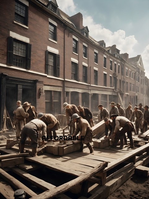 Construction Workers Building a Wooden Bridge