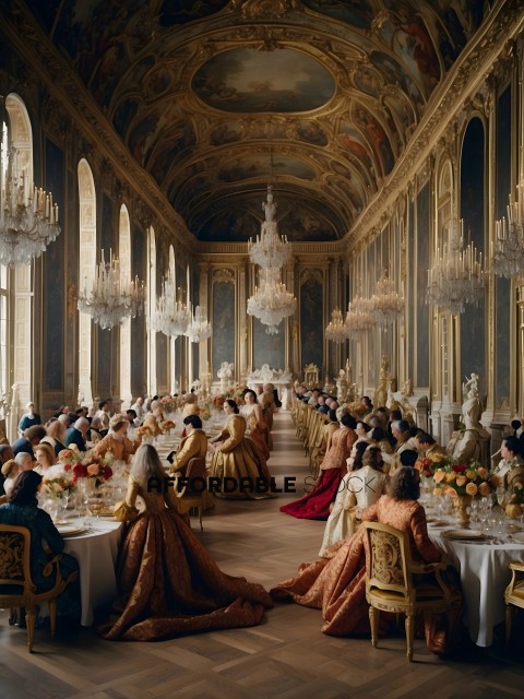 A grand ballroom with a long table and chandeliers
