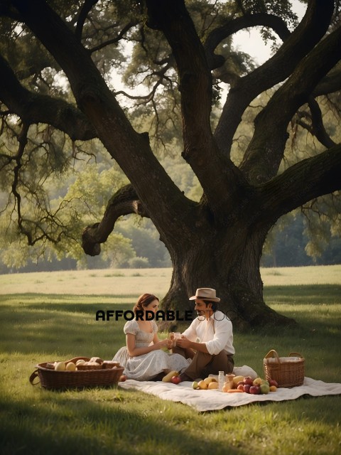 A couple sitting under a tree with a picnic basket