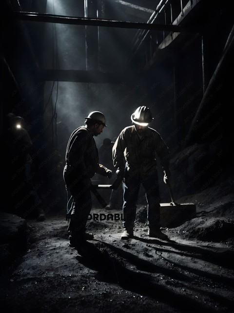 Two men working in a dark tunnel