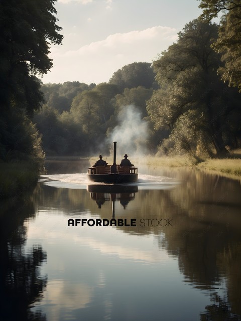 A boat with two people on it travels down a river