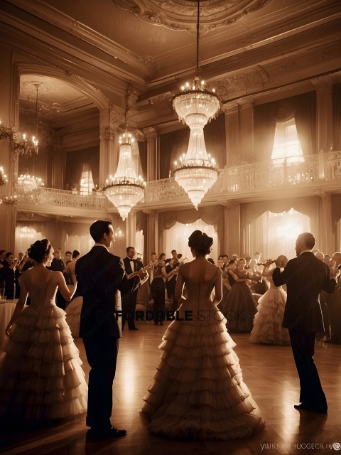 A formal ballroom dance with a man and two women in formal attire