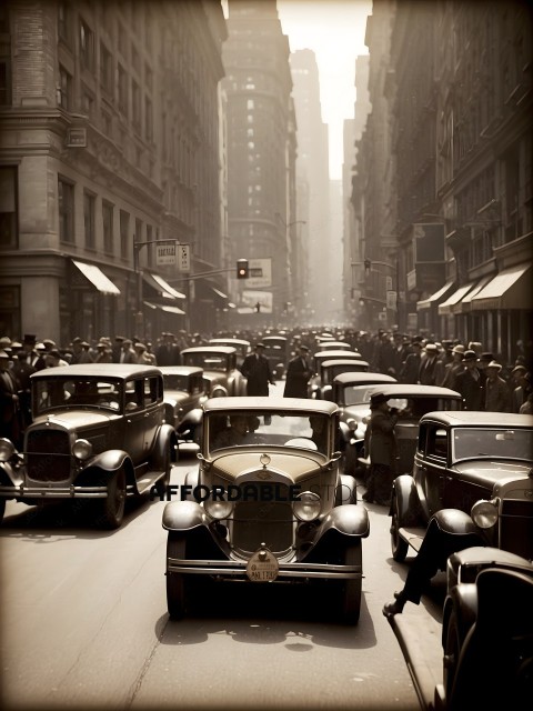 A crowd of people and cars in a busy city street