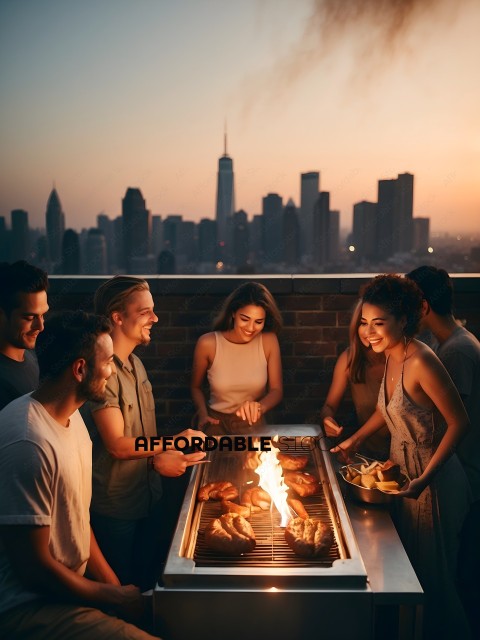 A group of people are gathered around a grill with food on it
