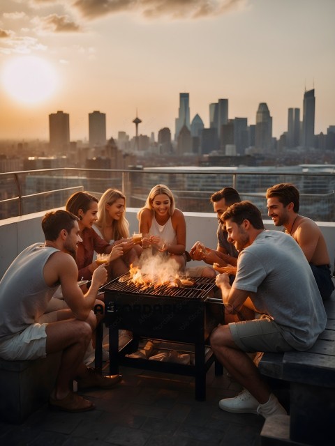 A group of people enjoying a barbecue in a city