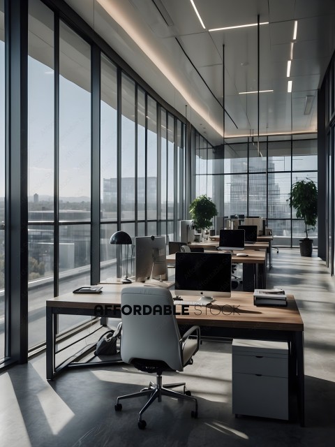 A modern office with a view of the city
