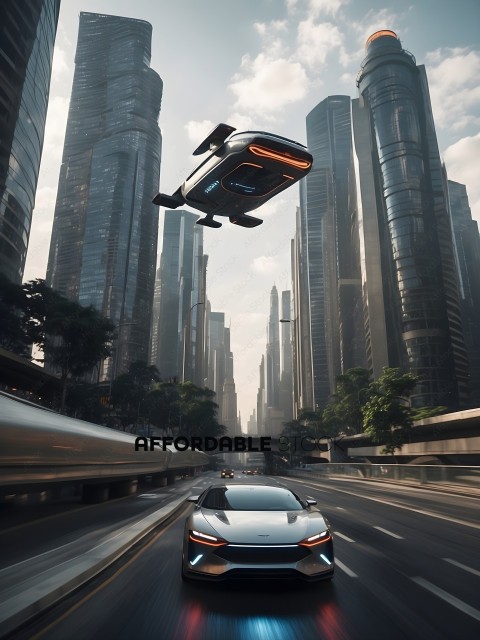 A futuristic car and a flying car in a city