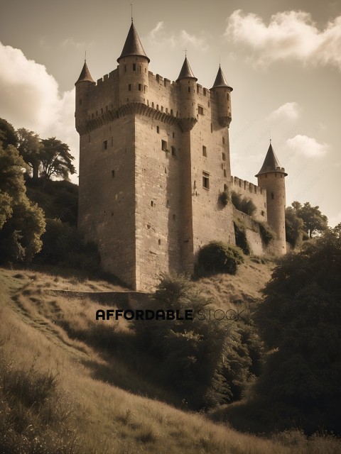 A castle with a grassy hill and trees