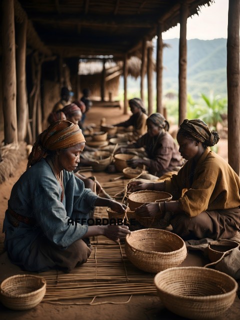 Women weaving baskets in a village