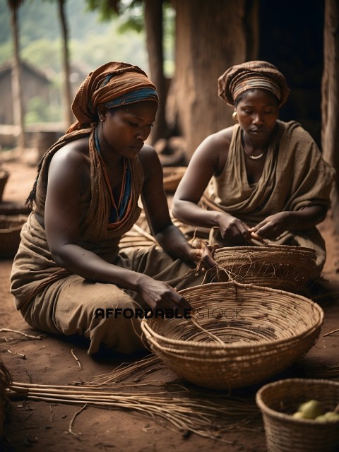 Two women weaving baskets in a village